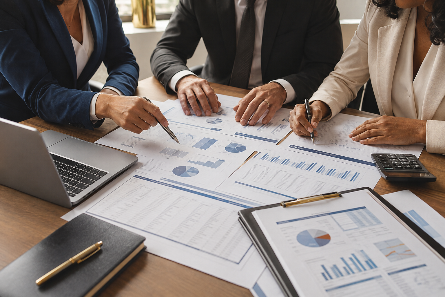 Diverse financial professionals reviewing reports together