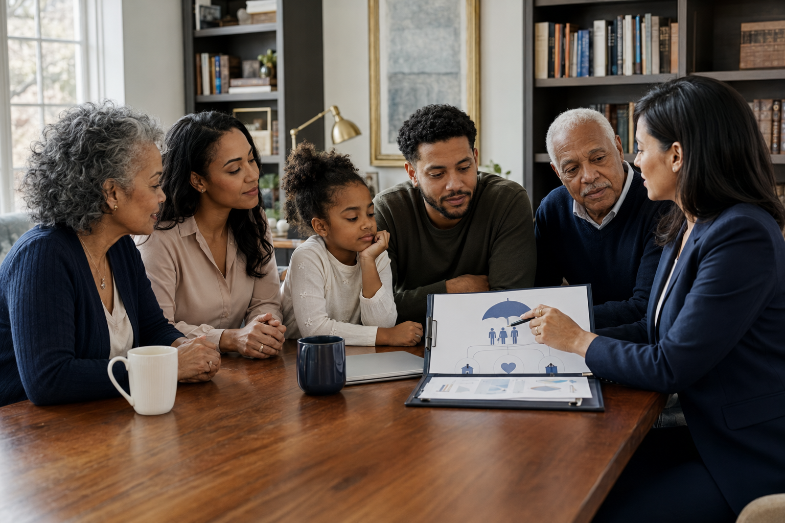 Diverse multigenerational family discussing life insurance and legacy planning