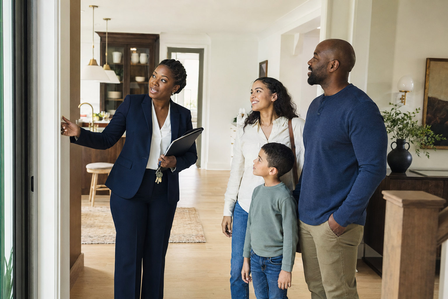 Real estate advisor showing a beautiful home to a diverse family with a child