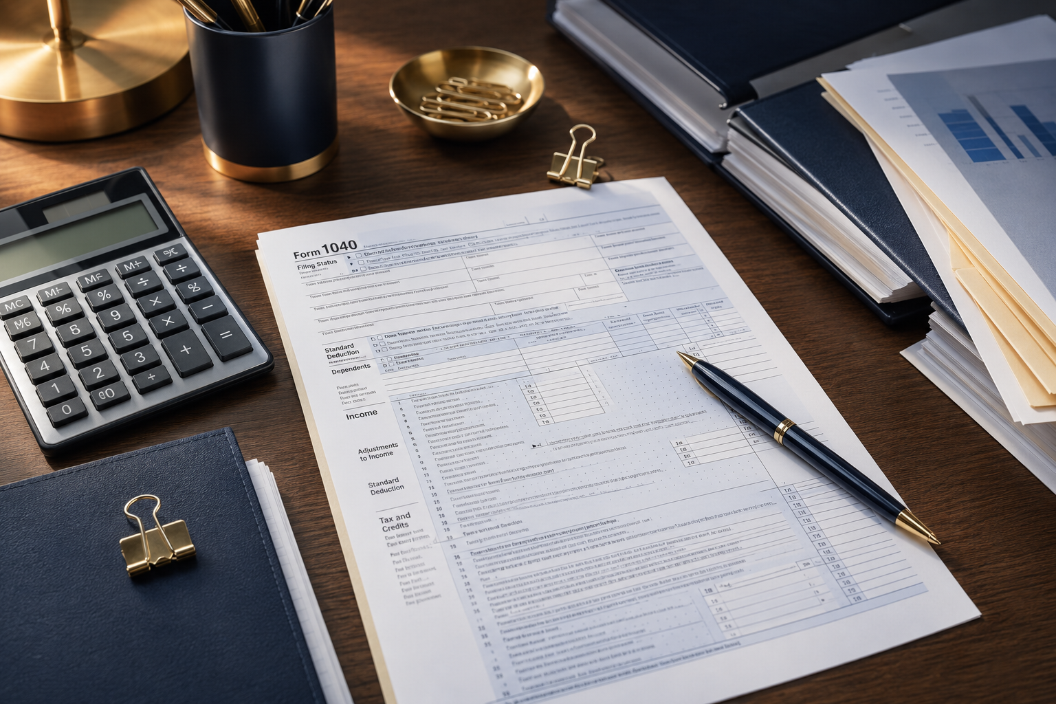 Form 1040, calculator, and income tax preparation documents